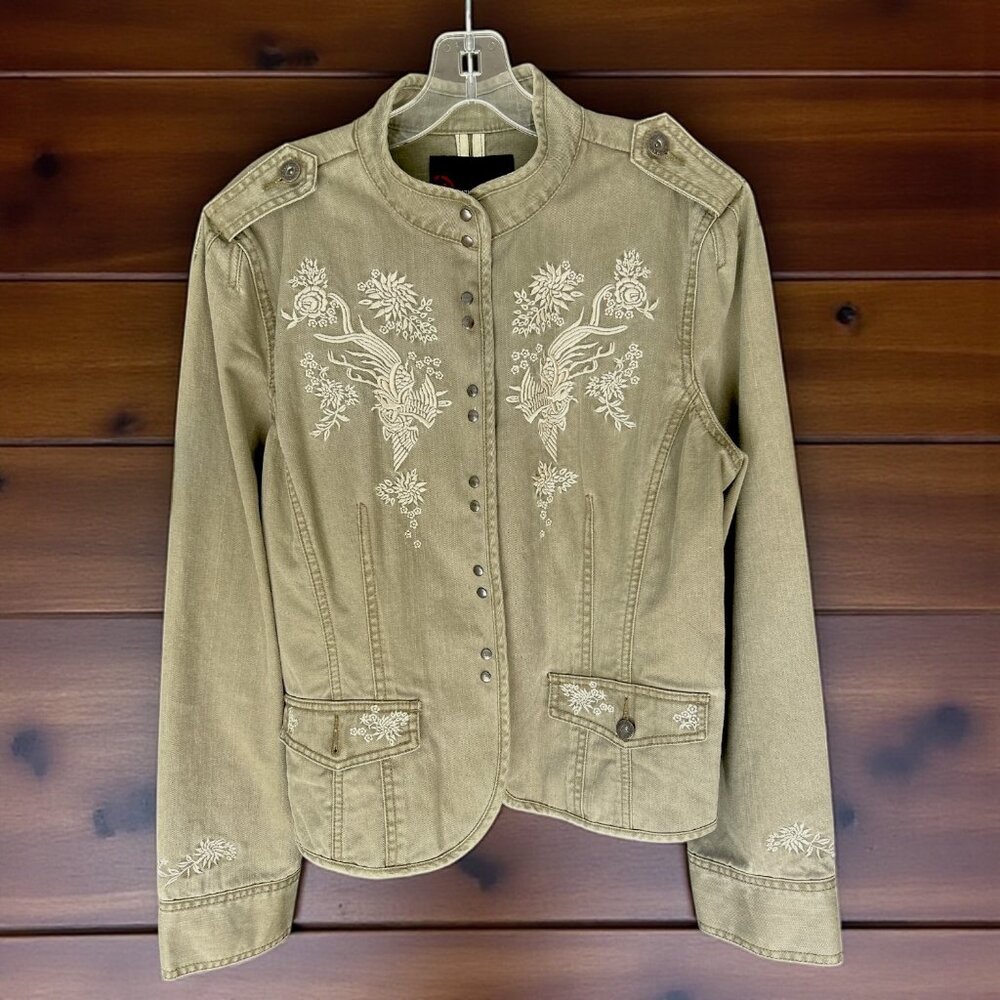 Nautica Jeans Military Olive Jacket L Embroidered Floral Cotton 90s Vintage